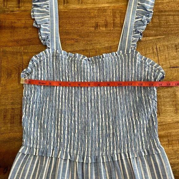 H&M Blue Striped Linen Blend Smocked Jumpsuit Small Beachy Coastal Nautical - Picture 10 of 13